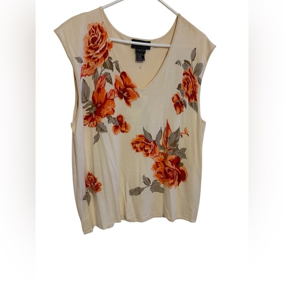 2X August Silk Sweater Top Silk Blend Plus 2X Beige  Floral Colorful Knit Top - Picture 2 of 14